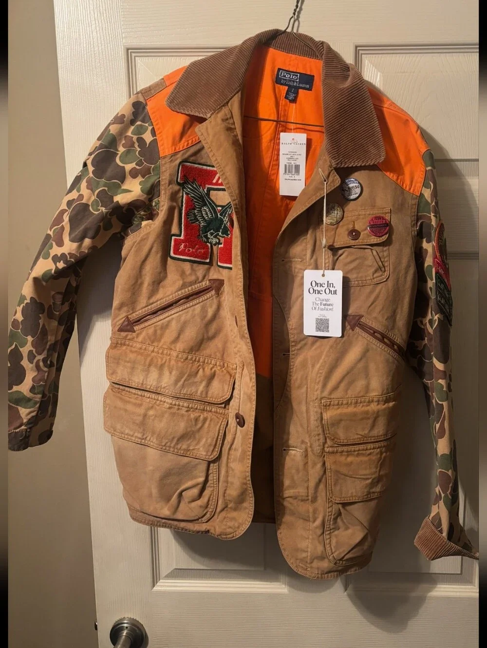 NWT Men's Polo by Ralph Lauren Khaki Jacket with Camo Sleeves and Orange Accents